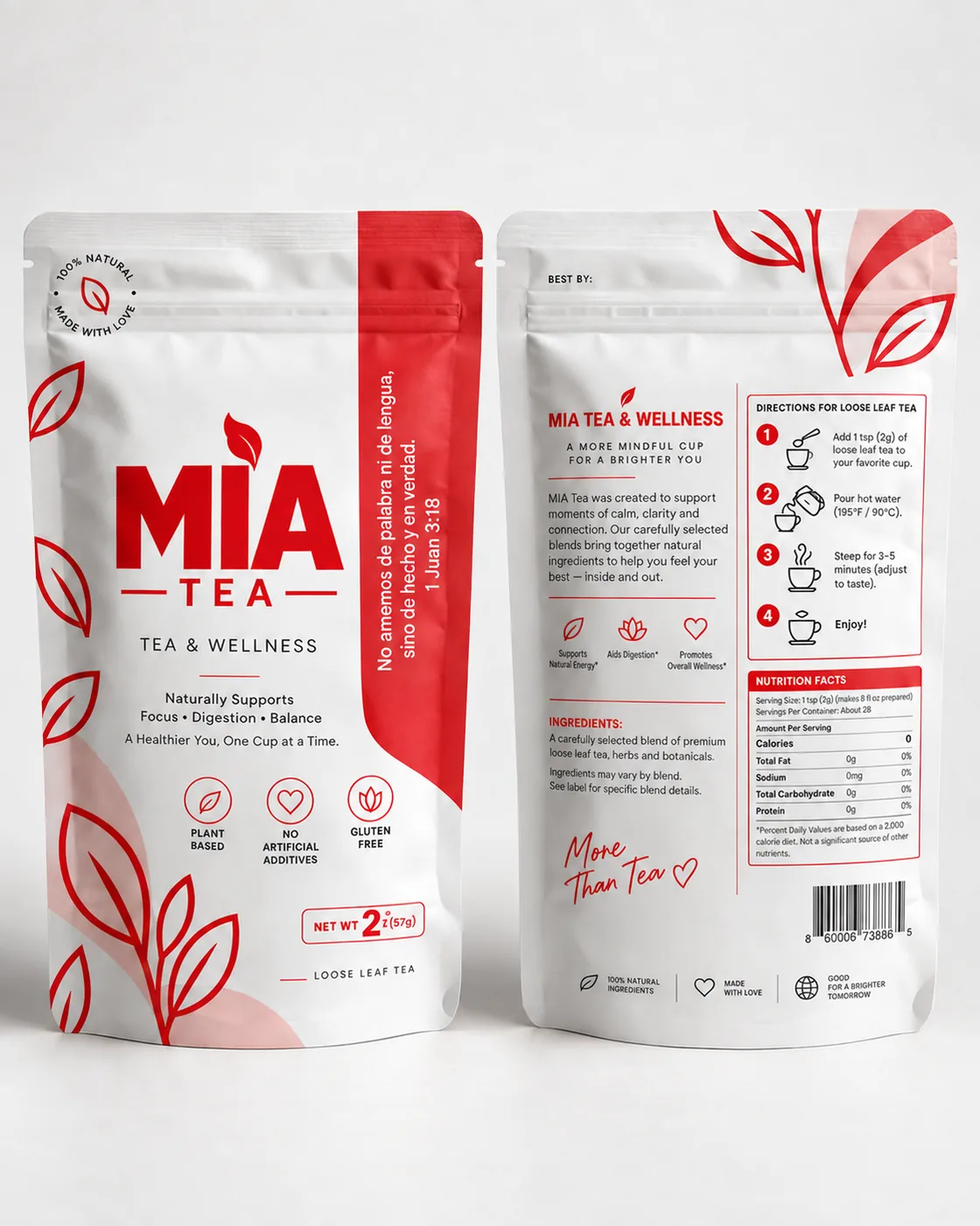 Empaque de MIA Tea, frente y dorso